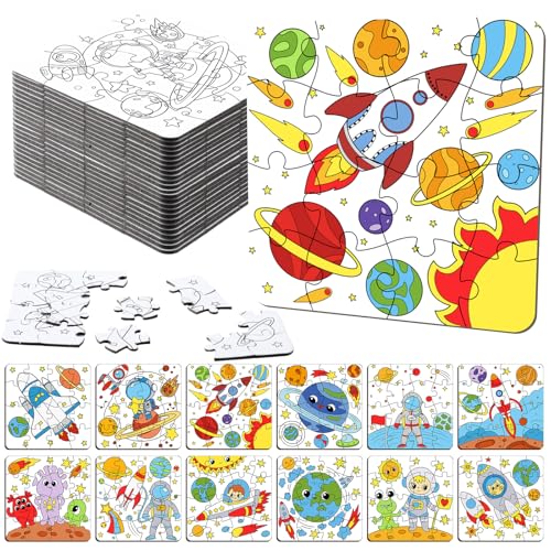 Realspring 24 Pack Outer Space Color Your Own Jigsaw Puzzles for Kids 35 46 68 Coloring Crafts DIY Paper Puzzles Party Favors Gifts for Toddler Children Learning Education Toys - Image 1