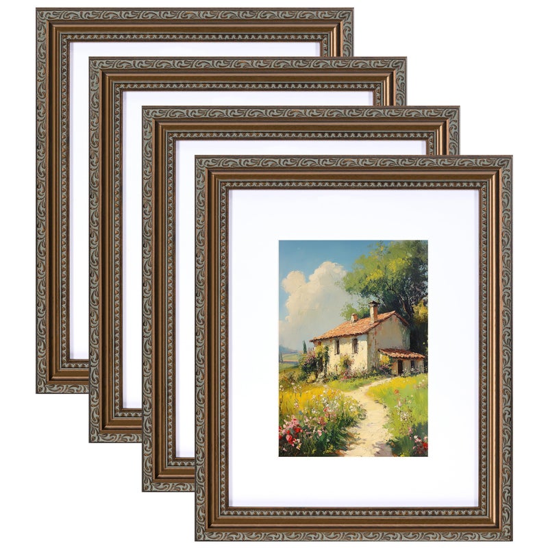 eletecpro 8x10 Picture Frames Set of 4 Vintage Frame with Glass Cover Photo Frames 8 x 10 Display 5x7 Photo with Mat or 8x10 without Mat for Tabletop or Wall Decor Bronze - Image 2