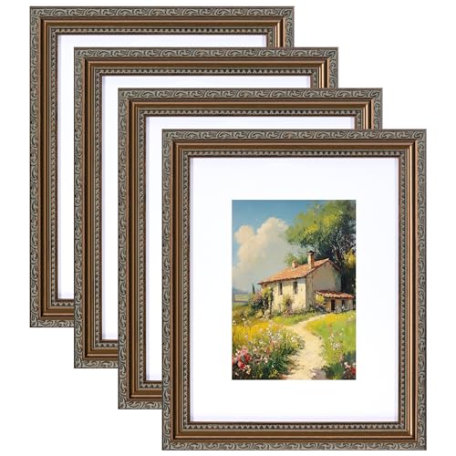 eletecpro 8x10 Picture Frames Set of 4 Vintage Frame with Glass Cover Photo Frames 8 x 10 Display 5x7 Photo with Mat or 8x10 without Mat for Tabletop or Wall Decor Bronze - Image 1