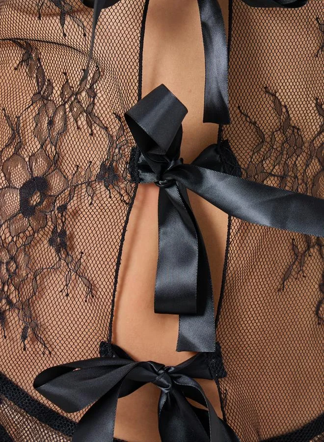 Take Two Bow Detail Lace Wireless Split Cami Dress with Thong Set