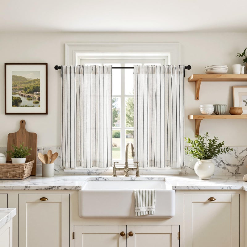 HOMEIDEAS Striped Linen Kitchen Curtains 36 inches, Boho Farmhouse Light Filtering Natural Tier Curtains Sets, Small Window Treatments for Bathroom Cafe RV 2 Panels, Black - Image 2