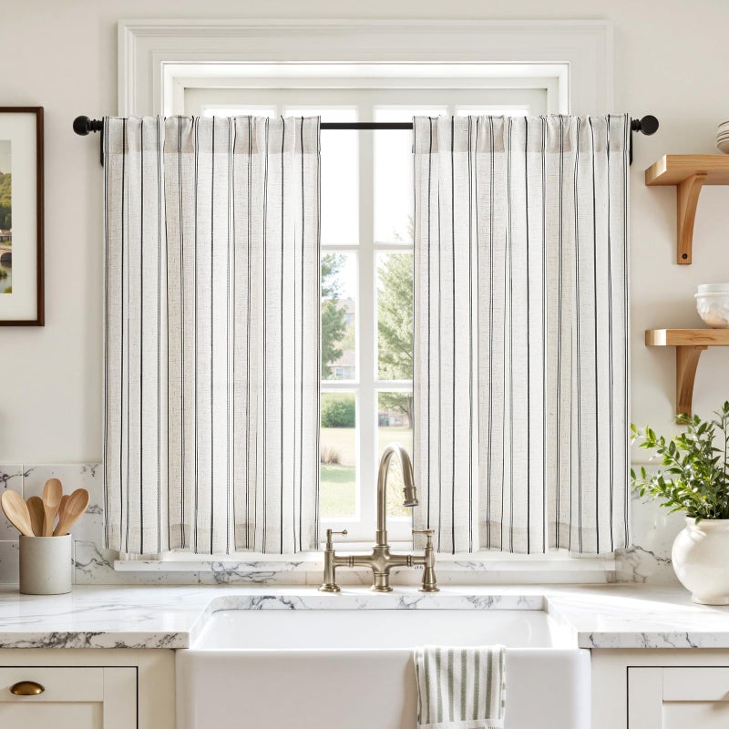HOMEIDEAS Striped Linen Kitchen Curtains 36 inches, Boho Farmhouse Light Filtering Natural Tier Curtains Sets, Small Window Treatments for Bathroom Cafe RV 2 Panels, Black - Image 1