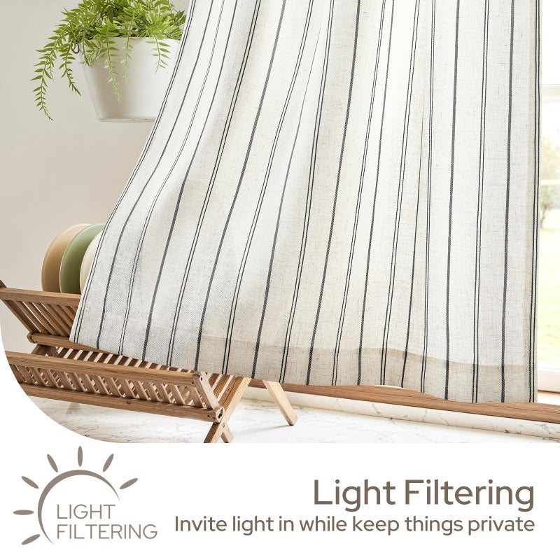 HOMEIDEAS Striped Linen Kitchen Curtains 36 inches, Boho Farmhouse Light Filtering Natural Tier Curtains Sets, Small Window Treatments for Bathroom Cafe RV 2 Panels, Black - Image 4