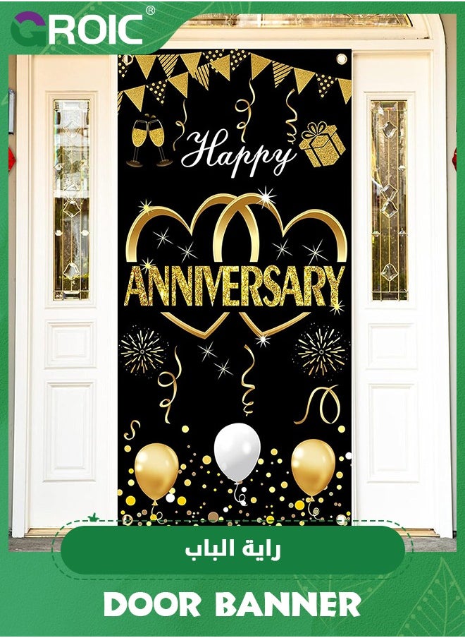 GROIC - Happy Anniversary Door Banner Backdrop Decorations,Large Wedding Anniversary Party Door Cover Sign Supplies,Black Gold Anniversary Photo Booth Poster,Party Supplies - Image 1