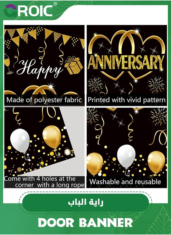 GROIC - Happy Anniversary Door Banner Backdrop Decorations,Large Wedding Anniversary Party Door Cover Sign Supplies,Black Gold Anniversary Photo Booth Poster,Party Supplies - Image 1