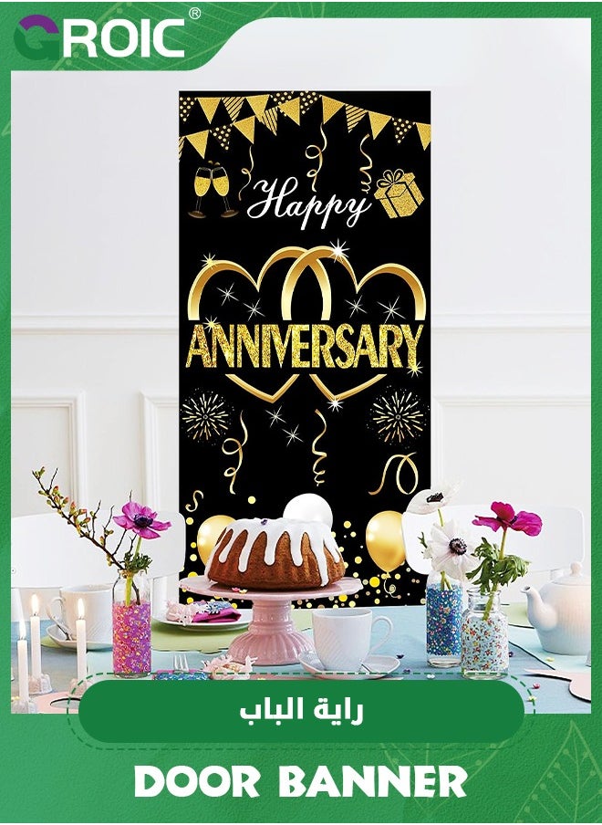 GROIC - Happy Anniversary Door Banner Backdrop Decorations,Large Wedding Anniversary Party Door Cover Sign Supplies,Black Gold Anniversary Photo Booth Poster,Party Supplies - Image 1