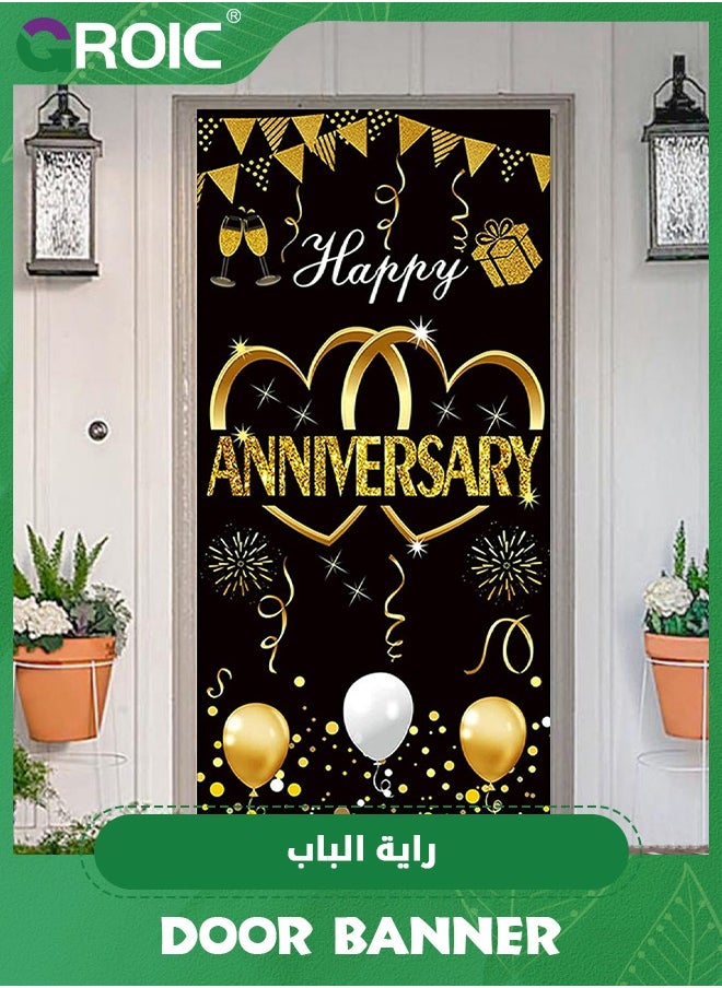 GROIC - Happy Anniversary Door Banner Backdrop Decorations,Large Wedding Anniversary Party Door Cover Sign Supplies,Black Gold Anniversary Photo Booth Poster,Party Supplies - Image 1