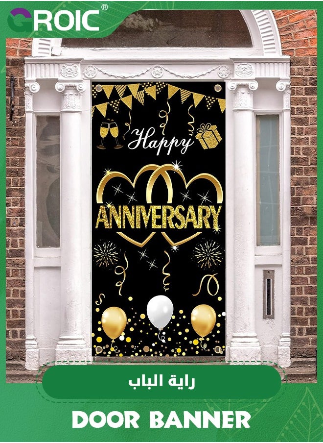 GROIC - Happy Anniversary Door Banner Backdrop Decorations,Large Wedding Anniversary Party Door Cover Sign Supplies,Black Gold Anniversary Photo Booth Poster,Party Supplies - Image 1