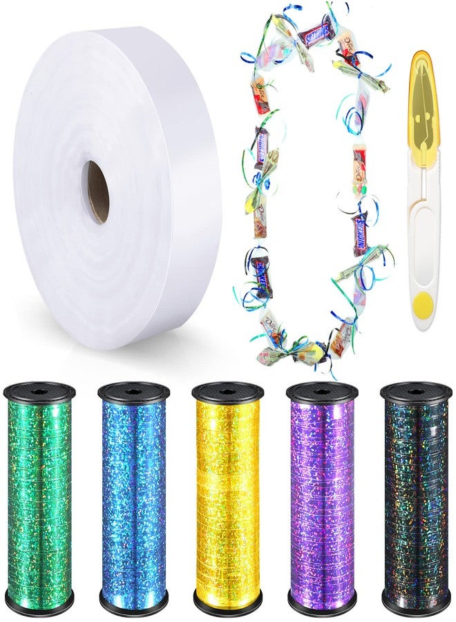 PerKoop Candy Lei Tubing Clear Candy Lei Making Kit for Graduation, 2 Inch x 1000 ft Poly Tubing Roll 5 Roll 100 yd Shiny Metallic Curling Gift Ribbon and Yarn Scissors for Packing Sewing Crafting - Image 1