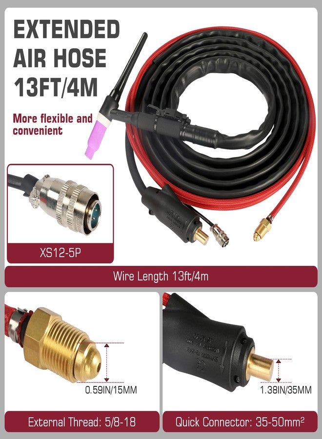 ARCCAPTAIN TIG Torch with High-Frequency Ignition, WP-17 Air-cooled Argon TIG Welding Torch with 35-50mm² Plug, 13-FT Air Hose (Red) and Cable, HF Tig Torch 150amp for ARCCAPTAIN TIG200/TIG200PACDC - Image 4