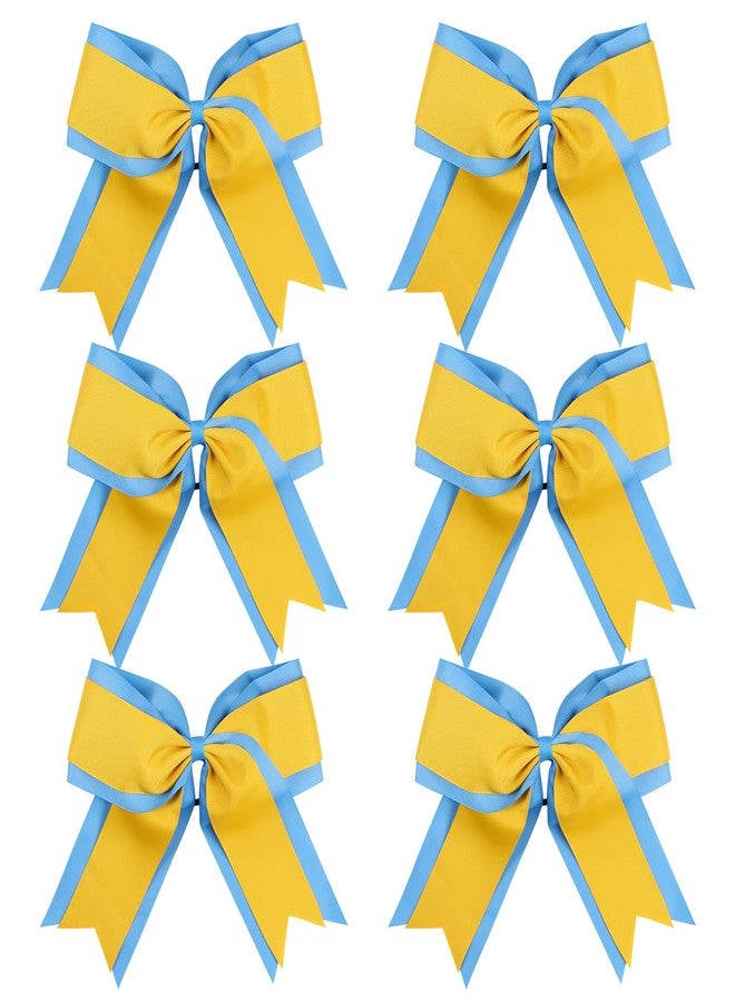 8 Inch 2 Colors 2 Layers 6 Pcs Jumbo Cheerleader Bows Ponytail Holder Cheerleading Bows Hair Elastic Hair Tie for High School College Cheerleading (Columbia Blue/Yellow Gold)
