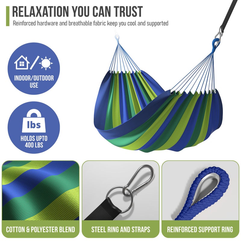 Sorbus Brazilian Double Hammock - Extra-Long 2 Person Portable Hammock Bed for Indoor or Outdoor Spaces - Hanging Rope, Carrying Pouch Included (Blue/Green Stripes) - Image 5