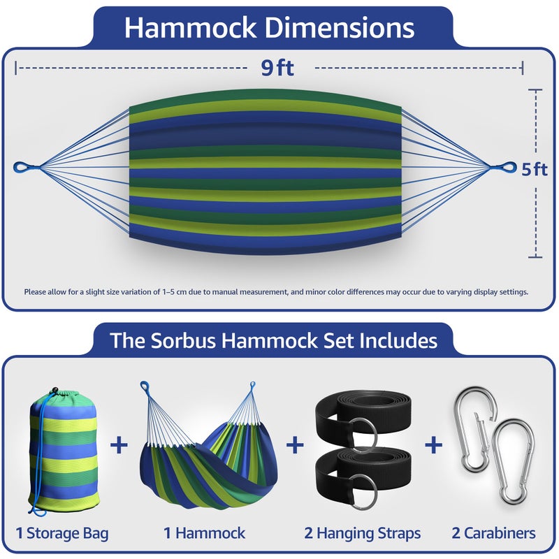 Sorbus Brazilian Double Hammock - Extra-Long 2 Person Portable Hammock Bed for Indoor or Outdoor Spaces - Hanging Rope, Carrying Pouch Included (Blue/Green Stripes) - Image 3