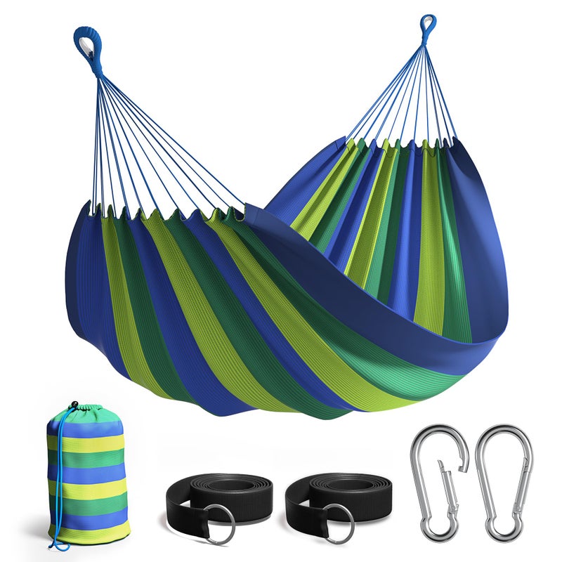 Sorbus Brazilian Double Hammock - Extra-Long 2 Person Portable Hammock Bed for Indoor or Outdoor Spaces - Hanging Rope, Carrying Pouch Included (Blue/Green Stripes) - Image 1