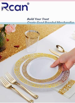 Rcan 150 Pcs/set Gold Upscale Wedding Dining Party Disposable Plastic Hollow-carved Cutlery Set, Party Supplies Plate, Spoon, Fork, Knife, Cup, Party Tableware (25 Guest)  - Image 3