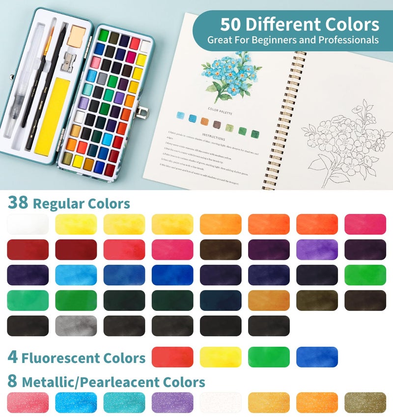 Joyask Watercolor Workbook  Water Coloring Book  12 Different Patterns Of Original Diy Designs  50 Colors Watercolor Paint Set With Palette And Brush  Beginner-Friendly Watercolor Workbooks (Bouquets) - Image 5