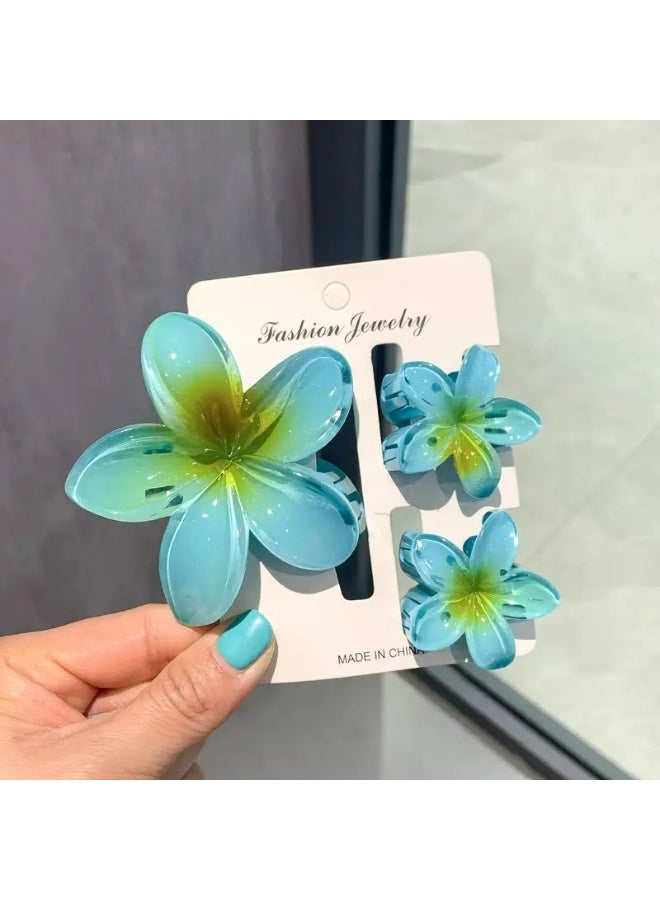 Kandid 3pcs Floral Hair Clip Set - Cute Plastic Flower Pins with Colorful Egret Designs, Perfect for Half-Up Hairstyles, Stylish Hair Accessories (Blue) - Image 1