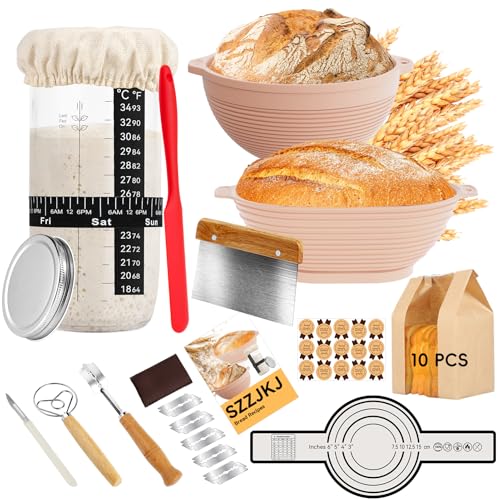 SZZJKJ Sourdough Starter Kit, 24PCS Sourdough Bread Baking Supplies, Silicone Banneton Bread Proofing Basket Set of 2, Sourdough Starter Kit Beginners with 10pcs Bread Bags for Baking Lovers - Image 1