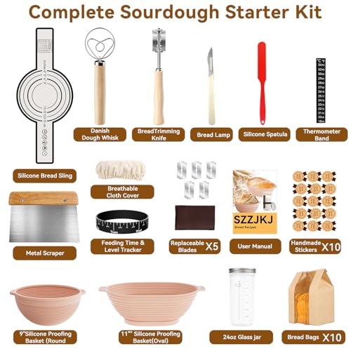 SZZJKJ Sourdough Starter Kit, 24PCS Sourdough Bread Baking Supplies, Silicone Banneton Bread Proofing Basket Set of 2, Sourdough Starter Kit Beginners with 10pcs Bread Bags for Baking Lovers - Image 2