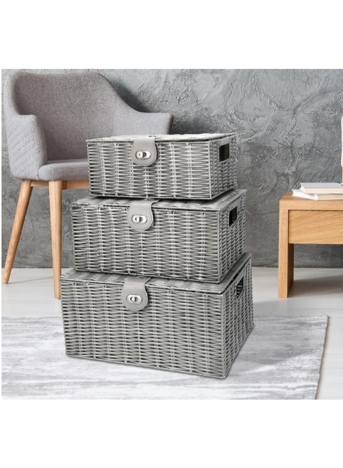 GOGOGO Grey Wicker Storage Baskets - Set of 3 Decorative Nesting Boxes with Lids, Woven Basket with Lock & Handle, Organizer for Beauty Makeup Bathroom Decor - Image 3