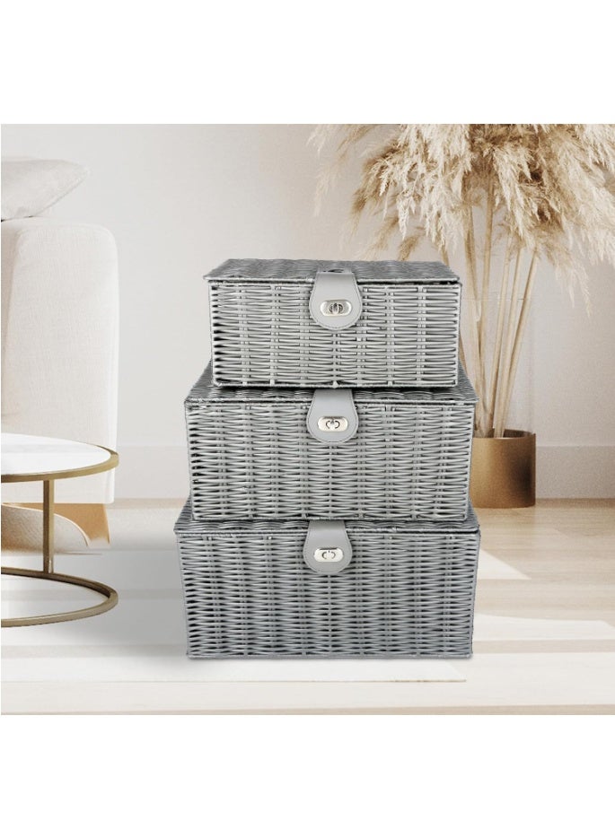 GOGOGO Grey Wicker Storage Baskets - Set of 3 Decorative Nesting Boxes with Lids, Woven Basket with Lock & Handle, Organizer for Beauty Makeup Bathroom Decor - Image 4