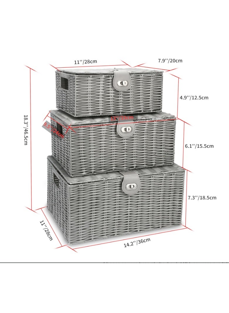 GOGOGO Grey Wicker Storage Baskets - Set of 3 Decorative Nesting Boxes with Lids, Woven Basket with Lock & Handle, Organizer for Beauty Makeup Bathroom Decor - Image 5
