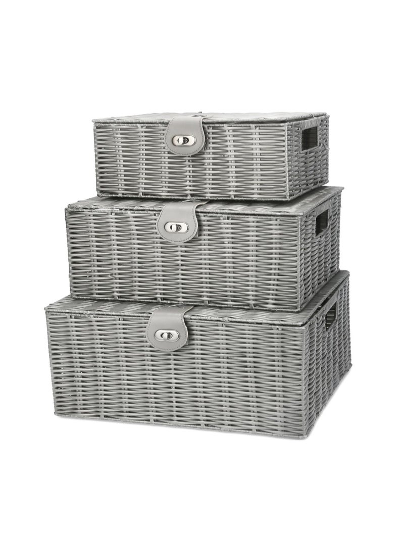 GOGOGO Grey Wicker Storage Baskets - Set of 3 Decorative Nesting Boxes with Lids, Woven Basket with Lock & Handle, Organizer for Beauty Makeup Bathroom Decor - Image 1