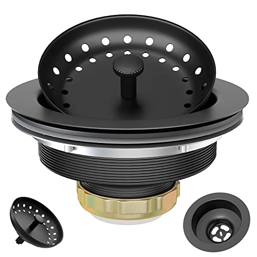 Exakey Black Sink Drain 3-1/2 Inch Matte Black Kitchen Sink Drain Strainer Assembly Kit with Strainer Basket and Drain Stopper for Standard Kitchen Sink Stainless Steel - Image 1