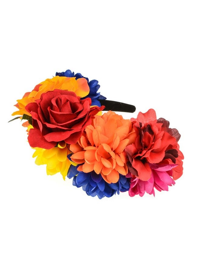Vividsun Rose Flower Crown Day Of The Dead Floral Crown (Red Orange Blue) - Image 3