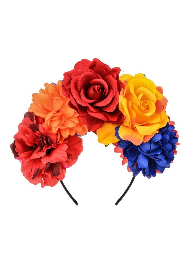 Vividsun Rose Flower Crown Day Of The Dead Floral Crown (Red Orange Blue) - Image 1