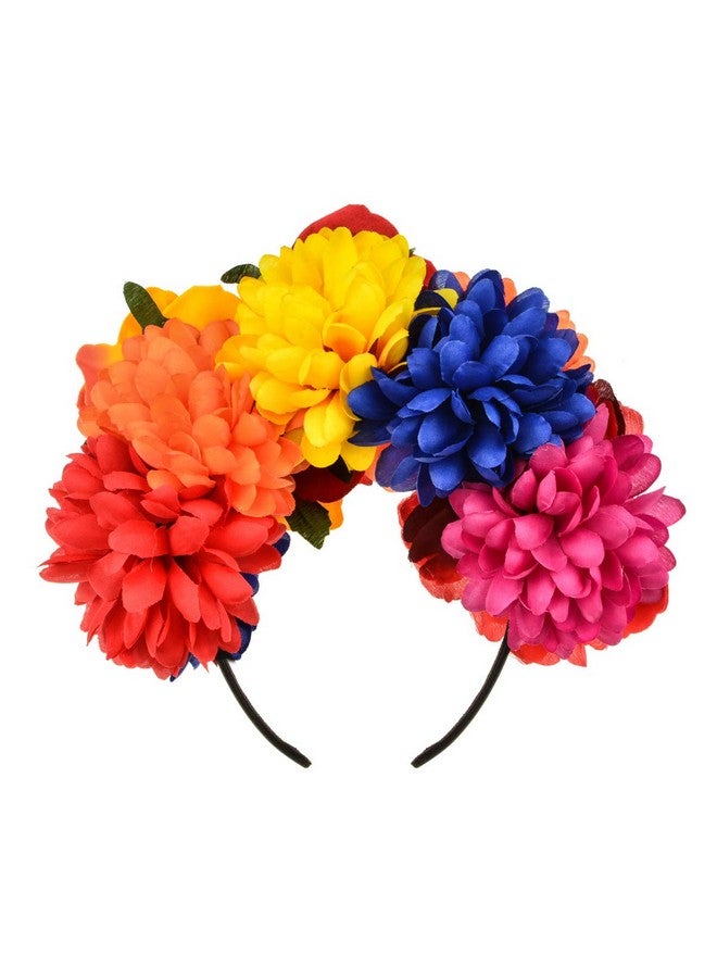 Vividsun Rose Flower Crown Day Of The Dead Floral Crown (Red Orange Blue) - Image 2