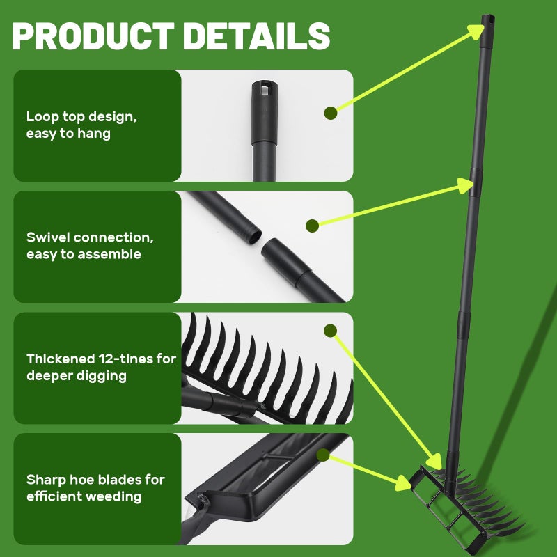 ABtool 2 in 1 Hoe Garden Tool, 12 Tines Cultivators for Gardening, Weed Puller Tool with 76" Long Handle for Gardening, Weeding, Seeding, Ditching, Loosening - Image 2