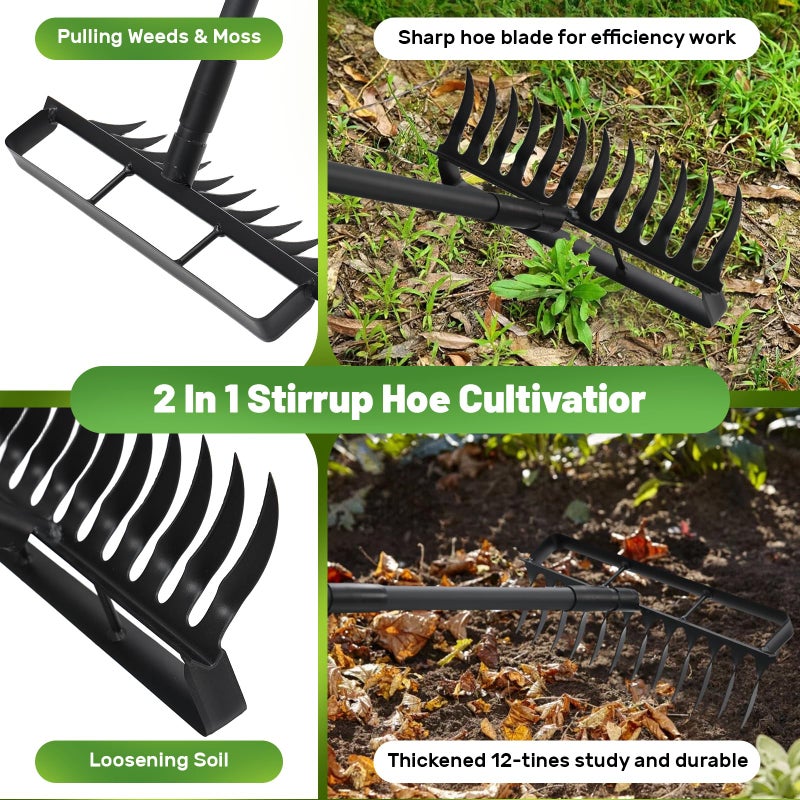 ABtool 2 in 1 Hoe Garden Tool, 12 Tines Cultivators for Gardening, Weed Puller Tool with 76" Long Handle for Gardening, Weeding, Seeding, Ditching, Loosening - Image 3