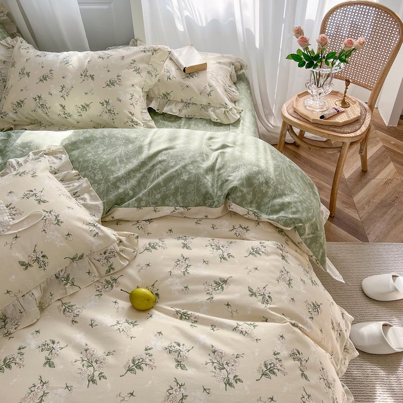 mixinni Reversible Green Floral Duvet Cover Set King Size - 100% Cotton Botanical Bedding Set with Ruffle Lace, 3PCs Beige Soft Aesthetic Cottagecore Style Duvet Cover for Girls - Image 1