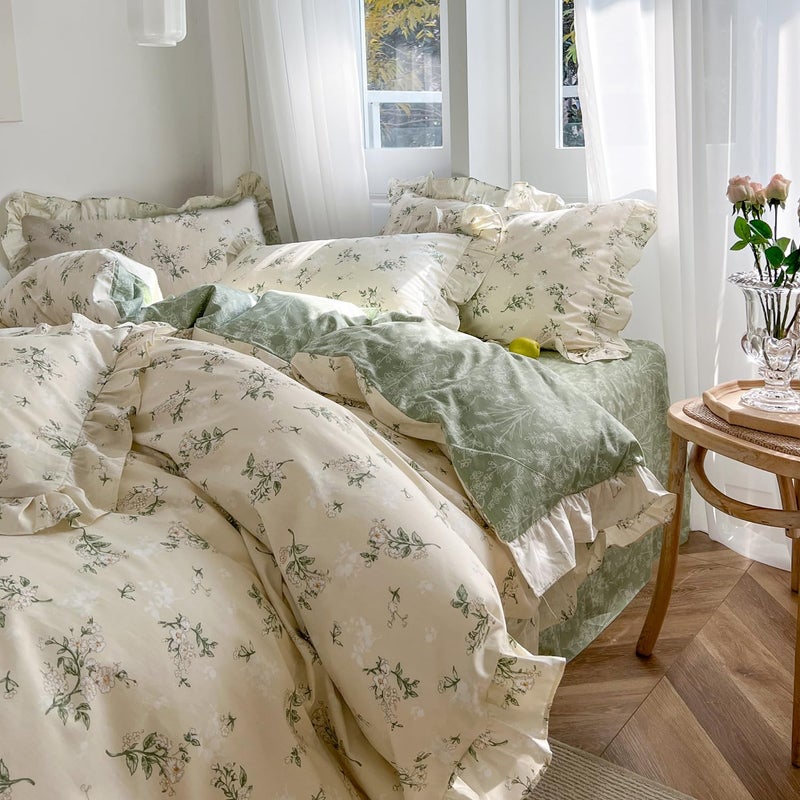 mixinni Reversible Green Floral Duvet Cover Set King Size - 100% Cotton Botanical Bedding Set with Ruffle Lace, 3PCs Beige Soft Aesthetic Cottagecore Style Duvet Cover for Girls - Image 2