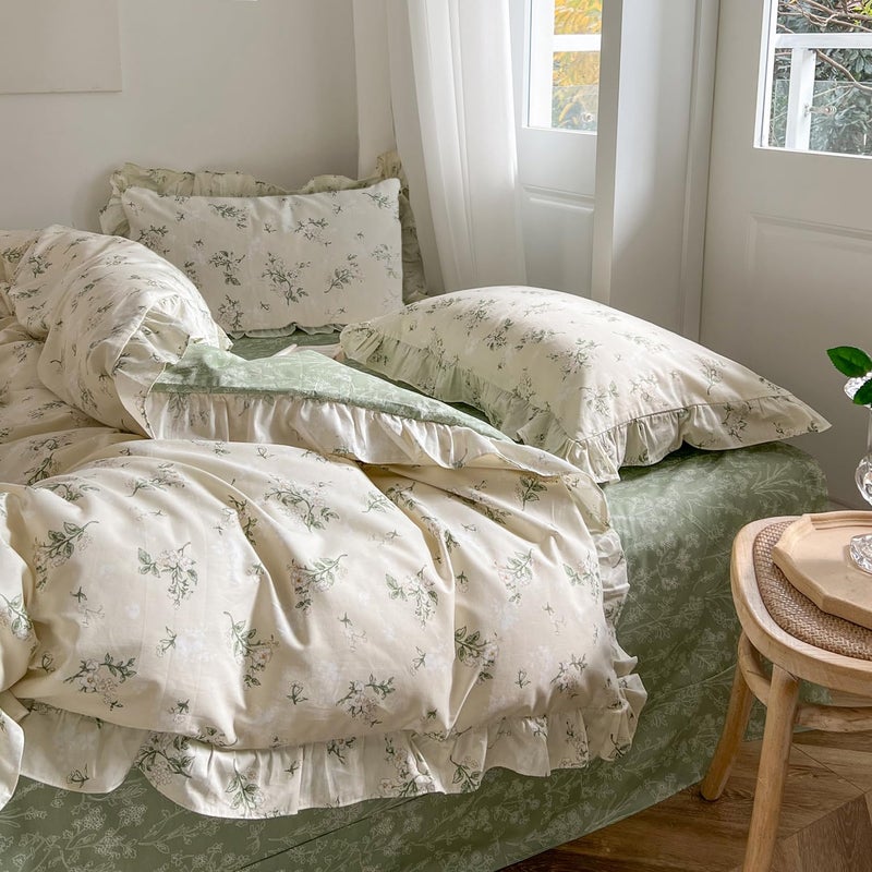 mixinni Reversible Green Floral Duvet Cover Set King Size - 100% Cotton Botanical Bedding Set with Ruffle Lace, 3PCs Beige Soft Aesthetic Cottagecore Style Duvet Cover for Girls - Image 4