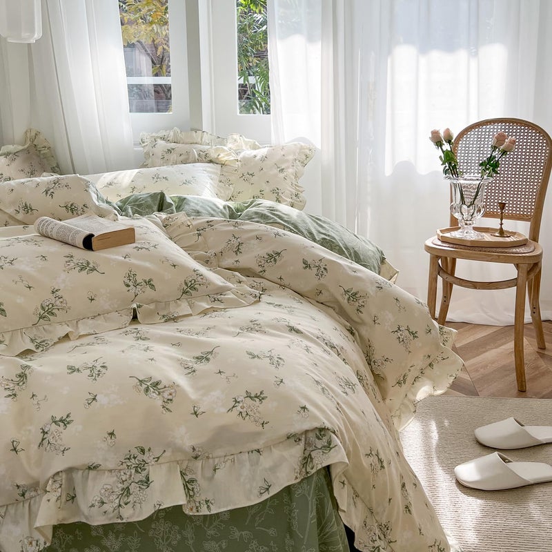 mixinni Reversible Green Floral Duvet Cover Set King Size - 100% Cotton Botanical Bedding Set with Ruffle Lace, 3PCs Beige Soft Aesthetic Cottagecore Style Duvet Cover for Girls - Image 5