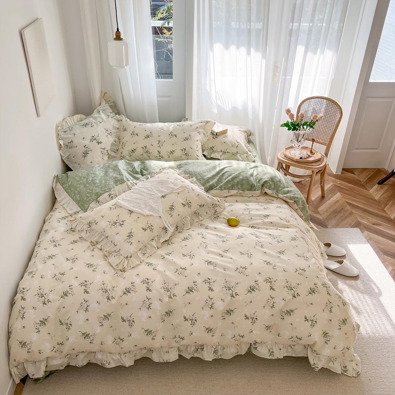 mixinni Reversible Green Floral Duvet Cover Set King Size - 100% Cotton Botanical Bedding Set with Ruffle Lace, 3PCs Beige Soft Aesthetic Cottagecore Style Duvet Cover for Girls - Image 3