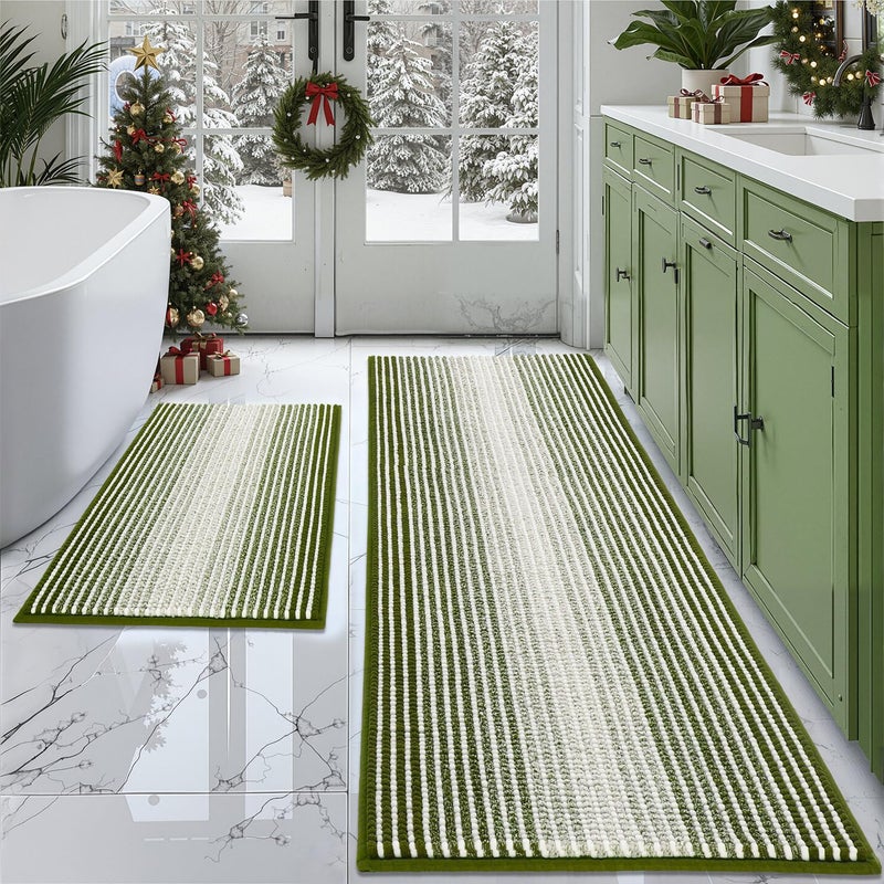 BSICPRO Bathroom Rugs and Mats Sets 2 Piece Thick Absorbent Chenille Bath Mat Rug Set Non Slip Soft Shaggy Bath Room Floor Mats for Bathroom Machine Washable Sage 20 x 60 Plus 20 x 32