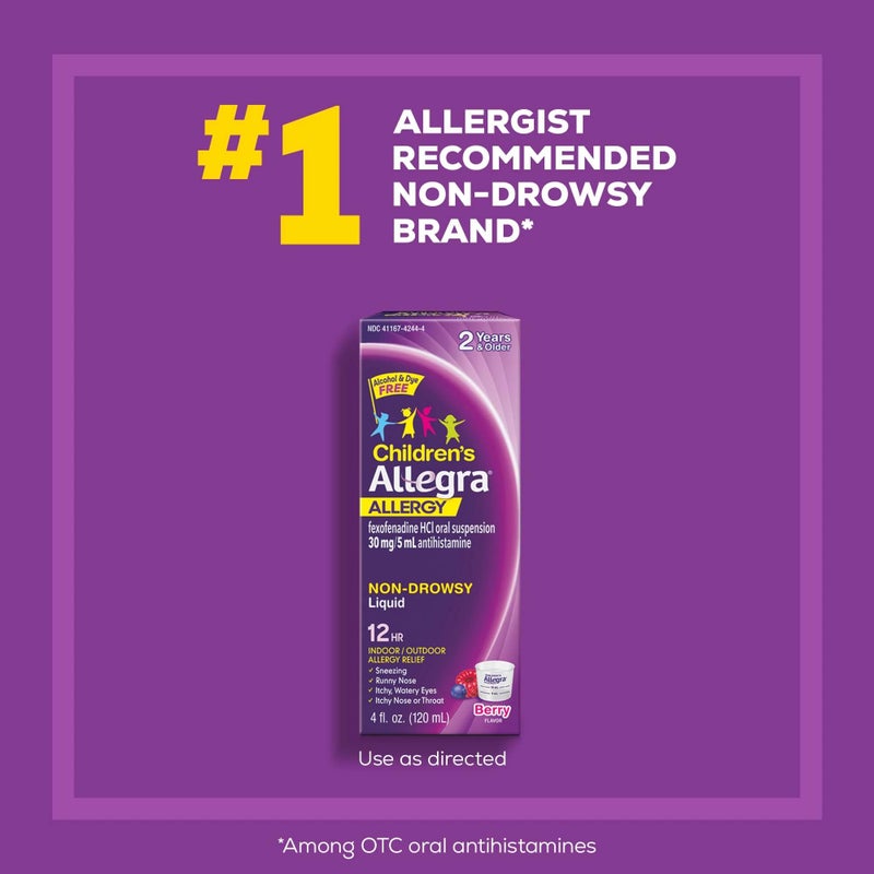Allegra Children's 12HR Allergy Relief Non-drowsy Antihistamine Liquid, Berry Flavor, Alcohol-Free & Dye-Free, Fexofenadine HCl, 8 oz - Image 4