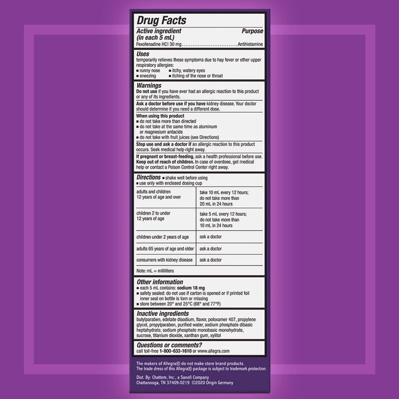 Allegra Children's 12HR Allergy Relief Non-drowsy Antihistamine Liquid, Berry Flavor, Alcohol-Free & Dye-Free, Fexofenadine HCl, 8 oz - Image 2