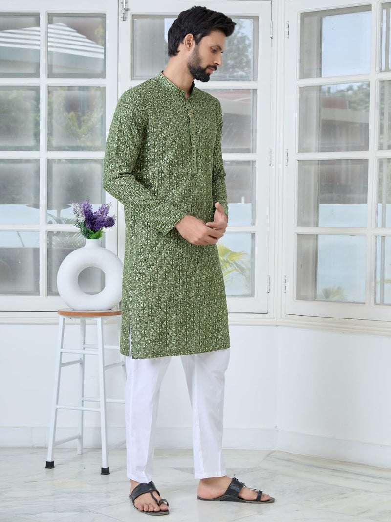 See Designs Men's Full Sleeve Mandarin Collar Men Green Embroidered Mandarin Collar Straight Long Kurta - Festive Collection | - SDKT2897L - Image 3