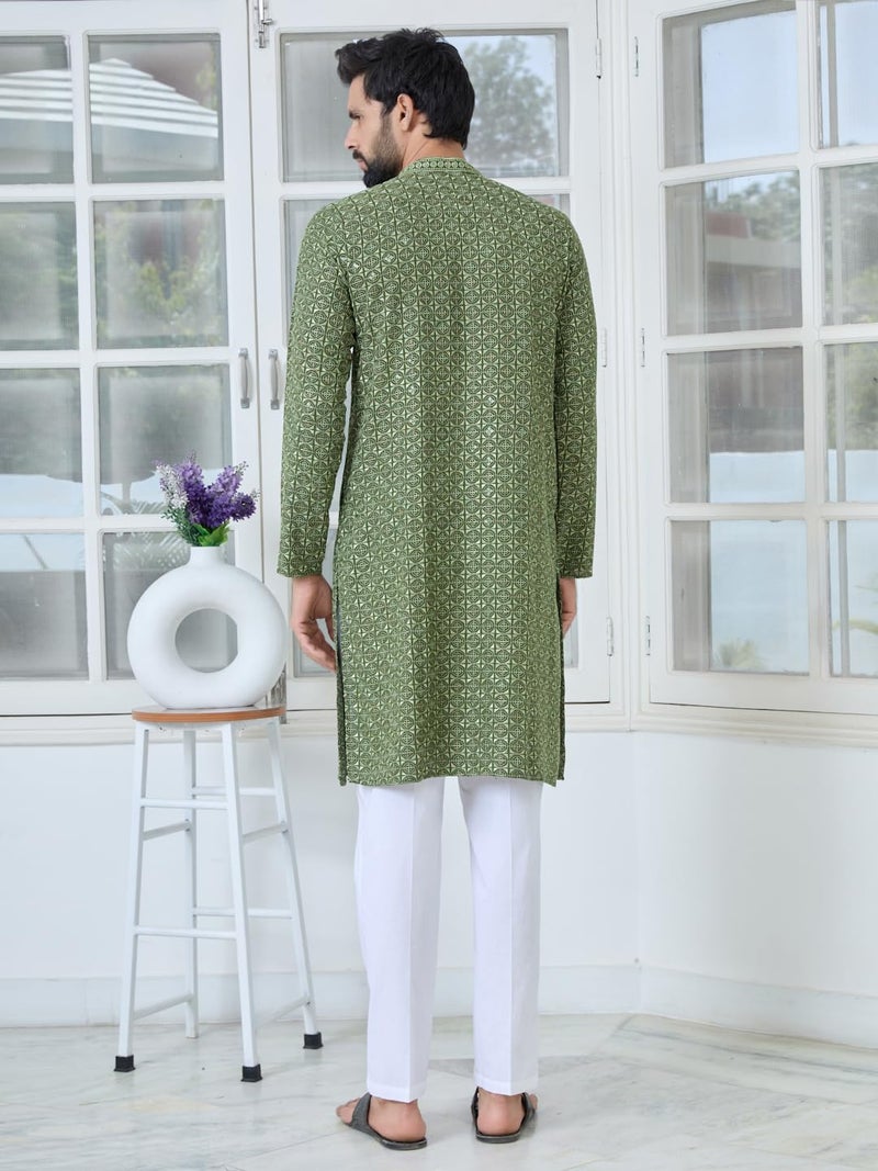 See Designs Men's Full Sleeve Mandarin Collar Men Green Embroidered Mandarin Collar Straight Long Kurta - Festive Collection | - SDKT2897L - Image 4