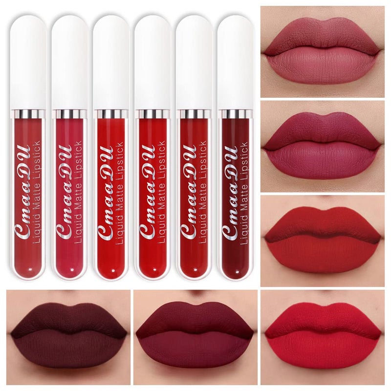 CmaaDu 6Pcs Liquid Matte Lipstick Lipgloss Set for Women Dark Deep Bright Ruby Blood Brick Plum Mauve Rose Red labiales mate 24 horas originale matte larga duracion 24 Hour Lipstick Long Lasting - Image 1