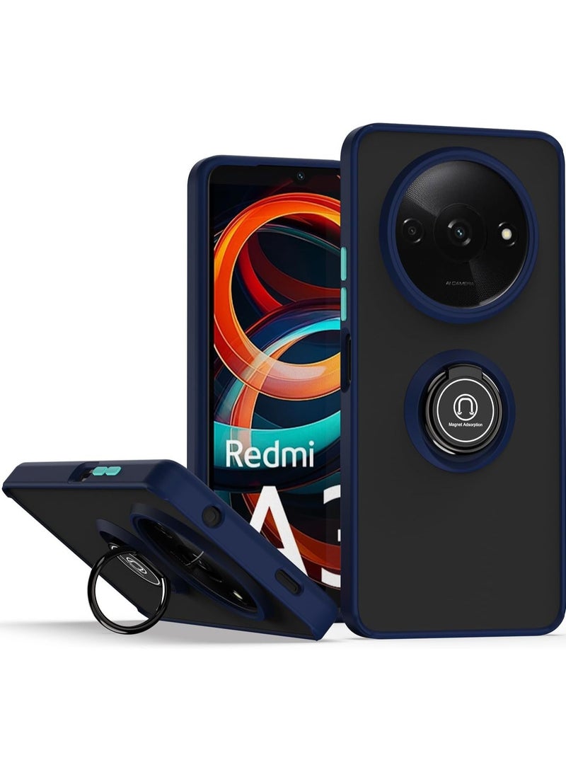 غطاء حالة مع حلقة معدنية لحمل الهاتف ودعامة وقوف سيارة مع قاعدة مغناطيسية مضادة للصدمات ظهر صلب غير لامع لهاتف Redmi A3 2024 باللون الأزرق