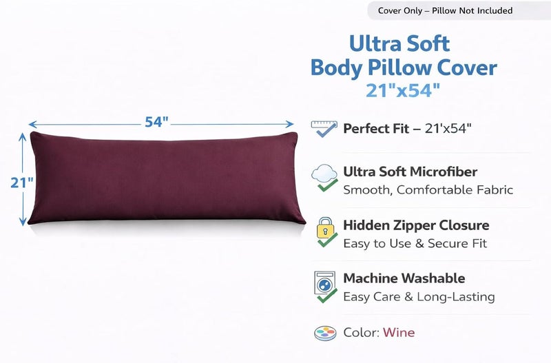 EVOLIVE New Soft Brushed Premium Microfiber Body Pillow Cover 21"x54" Pillowcases with Zipper Closure Set of 2 (Body Pillow Cover 21"x54" Pack of 2, Wine) - Image 2