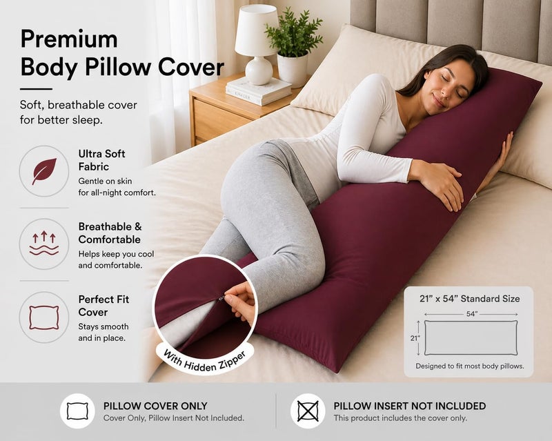 EVOLIVE New Soft Brushed Premium Microfiber Body Pillow Cover 21"x54" Pillowcases with Zipper Closure Set of 2 (Body Pillow Cover 21"x54" Pack of 2, Wine) - Image 3