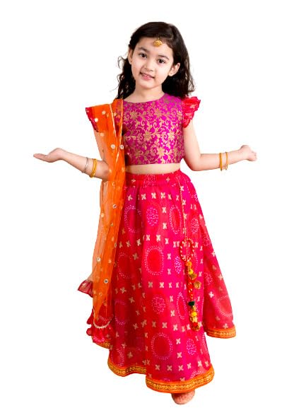 Pspeaches Girls PolyesterPink Orange Ready To Wear Readymade Lehenga Choli With Blouse (Pink-2-3Y) - Image 5
