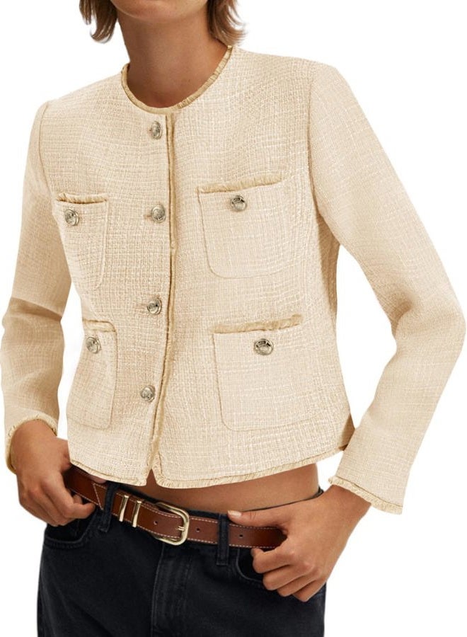 Cicy Bell Cropped Blazers for Women Business Casual Tweed Collarless Button Down Womens Jackets, Light Khaki, S - Image 1