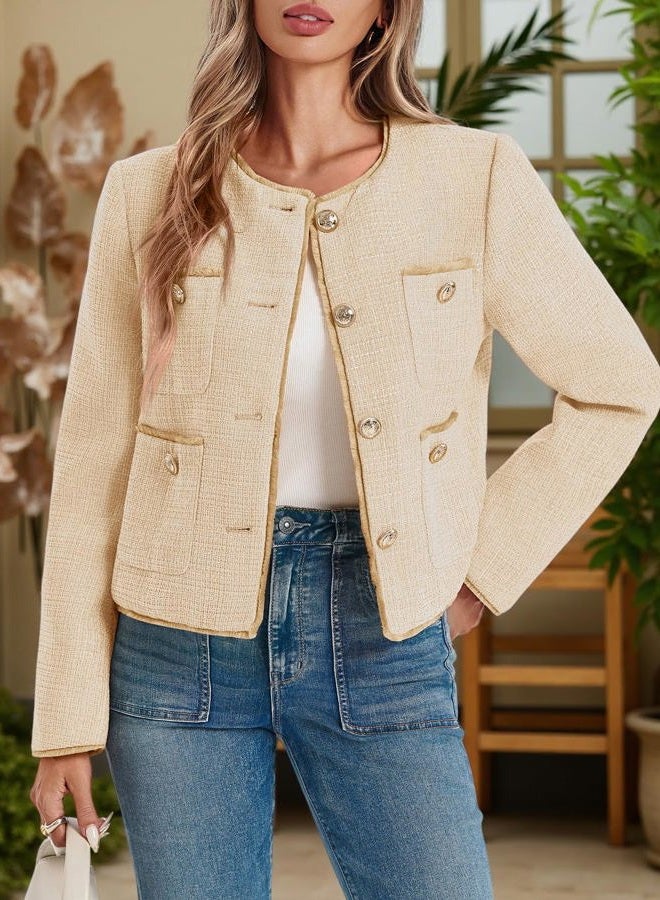 Cicy Bell Cropped Blazers for Women Business Casual Tweed Collarless Button Down Womens Jackets, Light Khaki, S - Image 3